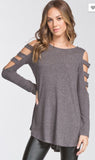Katy Open Shoulder Long Sleeve Top-Charcoal